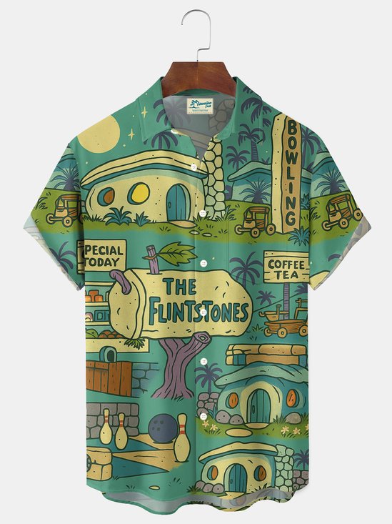 Royaura® Retro Cartoon Bowling Vacation Print Men's Button Pocket Short-Sleeve Hawaiian Shirt Big & Tall