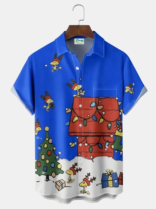 Royaura® Retro Holiday Christmas Tree Cartoon Print Men's Button Pocket Short Sleeve Shirt Big & Tall