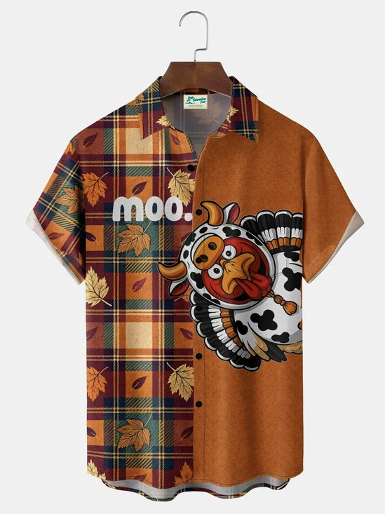 Royaura® Retro Thanksgiving Turkey Print Men's Button Pocket Short Sleeve Shirt Big & Tall