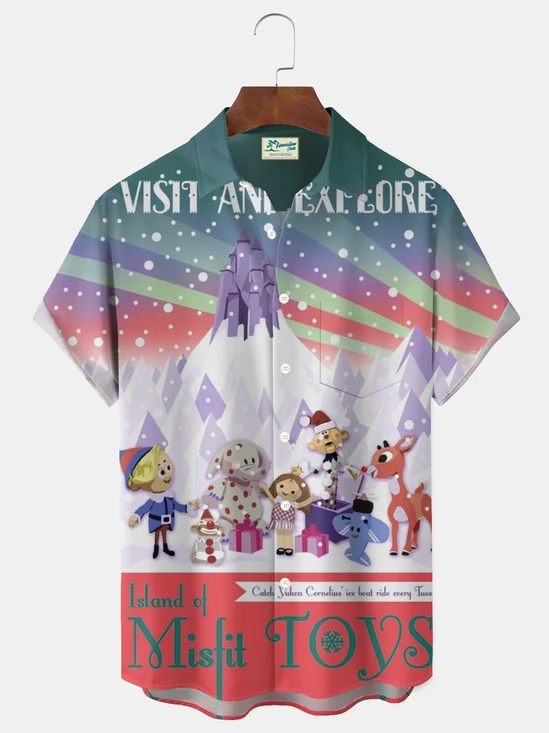 Royaura® Christmas Cartoon Print Men's Button Pocket Short-Sleeve Hawaiian Shirt Big & Tall