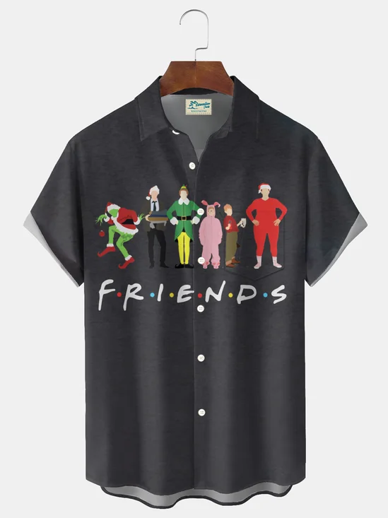 Royaura® Christmas cartoon print men's button pocket short-sleeved Hawaiian shirt Big & Tall