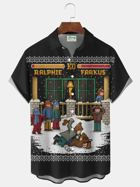 Royaura® Christmas cartoon print men's button pocket short-sleeved Hawaiian shirt Big & Tall