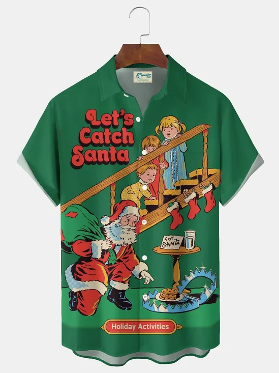 Royaura® Christmas cartoon print men's button pocket short-sleeved Hawaiian shirt Big & Tall