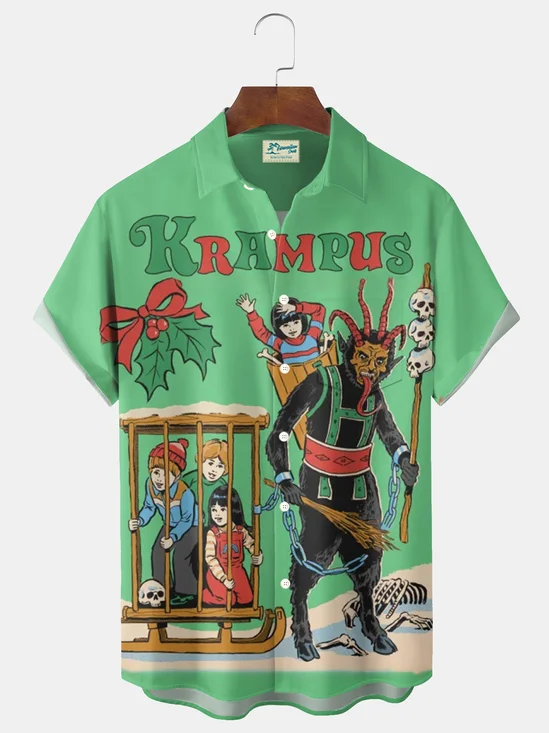 Royaura® Christmas cartoon print men's button pocket short-sleeved Hawaiian shirt Big & Tall