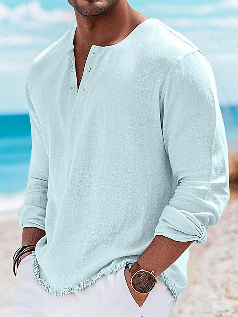 Royaura® Cotton And Linen Tassel Men's Round Neck Button Long-Sleeved Shirt Big & Tall