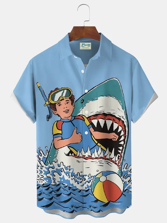 Royaura® Retro Art Poster Print Men's Button Pocket Short-Sleeve Hawaiian Shirt Big & Tall