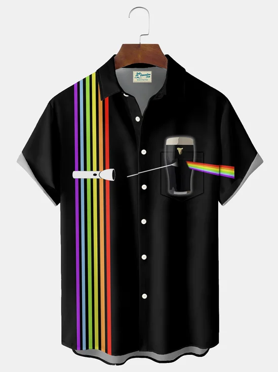 Royaura® Retro Bowling Rainbow Print Men's Button Pocket Short-Sleeve Hawaiian Shirt Big & Tall