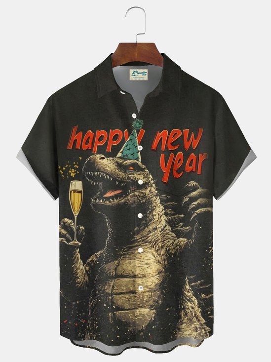 Royaura® Retro Art Godzilla New Year Print Men's Button Pocket Short-Sleeve Hawaiian Shirt Big & Tall