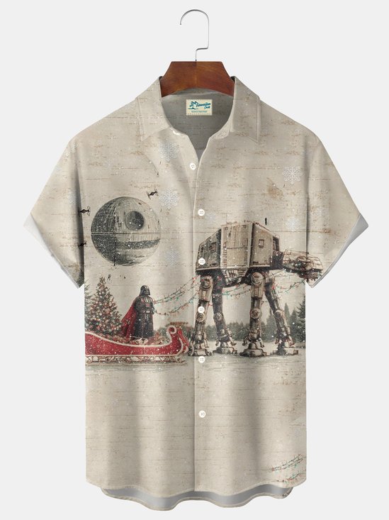 Royaura® Retro Christmas Art Print Men's Button Pocket Short-Sleeve Hawaiian Shirt Big & Tall