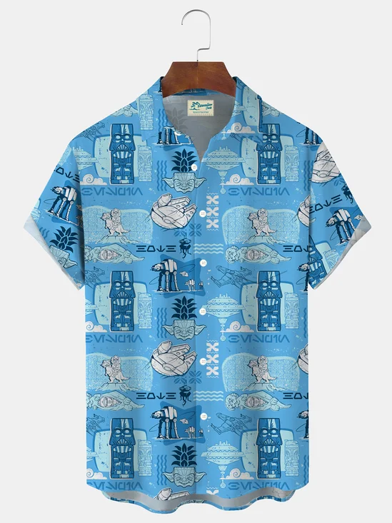 Royaura® Retro TIKI Art Print Men's Button Pocket Hawaiian Short-Sleeve Shirt Big & Tall