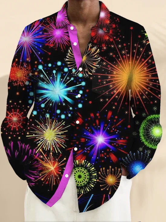 Royaura® Mens Christmas shirts New Year Fireworks Print Men's Button Pocket Hawaiian Long-Sleeve Shirt Holiday shirts men Big & Tall