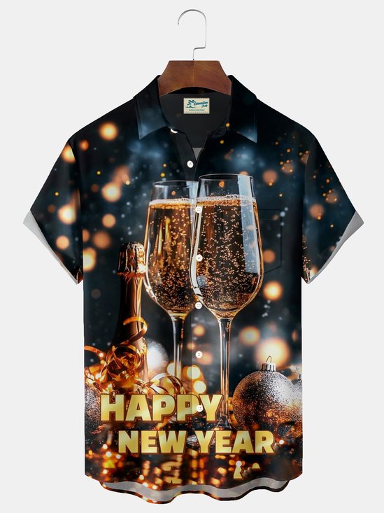 Royaura® Christmas shirts Champagne New Year Print Men's Button Pocket Hawaiian Short-Sleeve Holiday shirts men Shirt Big & Tall