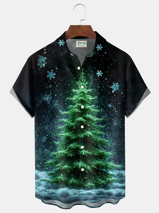 Royaura® Christmas shirts Snowy Christmas Tree Print Men's Button Pocket Hawaiian Short-Sleeve Shirt Holiday shirts men Big & Tall
