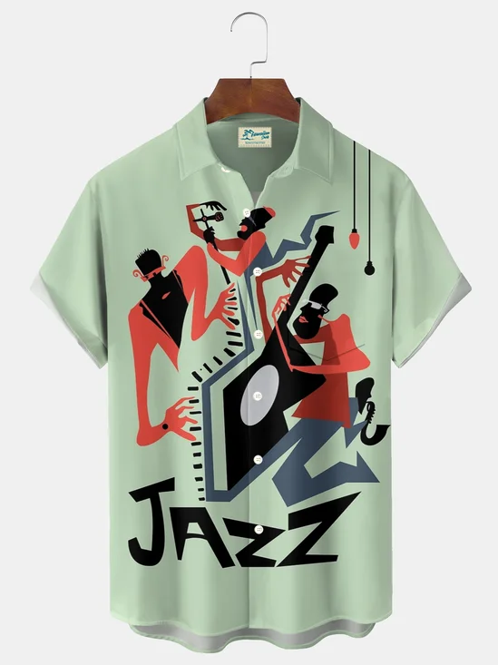 Royaura® Retro Cartoon Music Print Men's Button Pocket Hawaiian Short-Sleeve Shirt Big & Tall