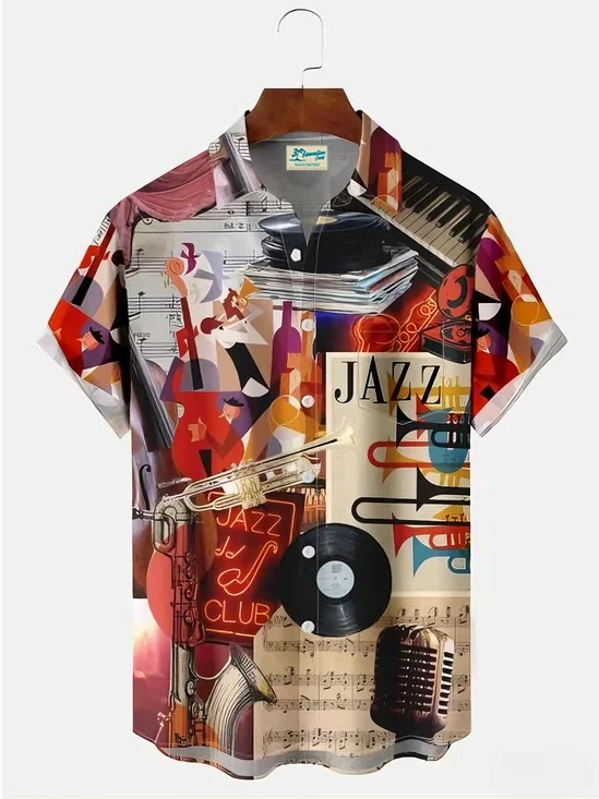 Royaura® Musical Instrument Print Men's Button Pocket Short-Sleeve Hawaiian Shirt Big & Tall