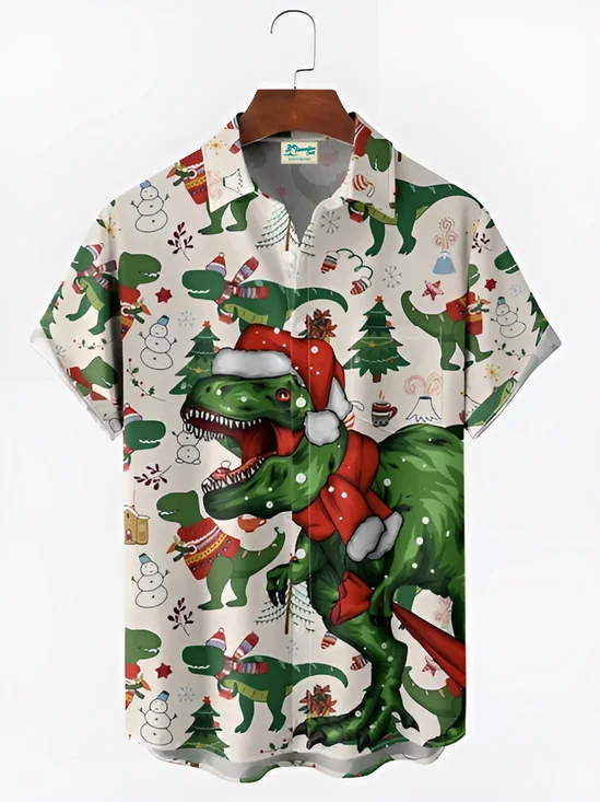 Royaura® Retro Holiday Christmas Dinosaur Print Men's Button Pocket Short Sleeve Shirt Big & Tall
