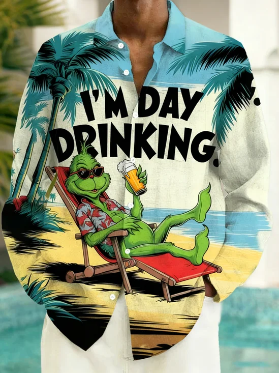 Royaura® Fun Cartoon Print Men's Button-Down Long-Sleeve Hawaiian Shirt Big & Tall