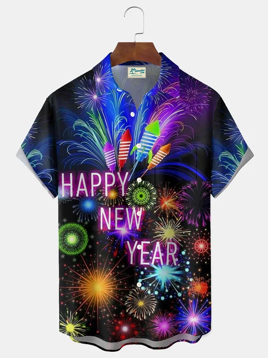 Royaura® Mens Christmas shirts Merry Christmas and Happy New Year Fireworks Print Men's Button Pocket Short-Sleeve Hawaiian Shirt Holiday shirts men Big & Tall