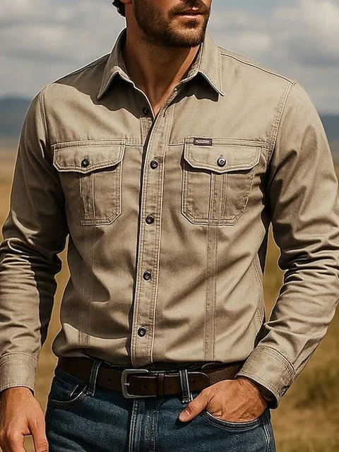 Royaura® Basic Style, Double Pocket, Western Men's Button-Down Long-Sleeved Shirt Big & Tall