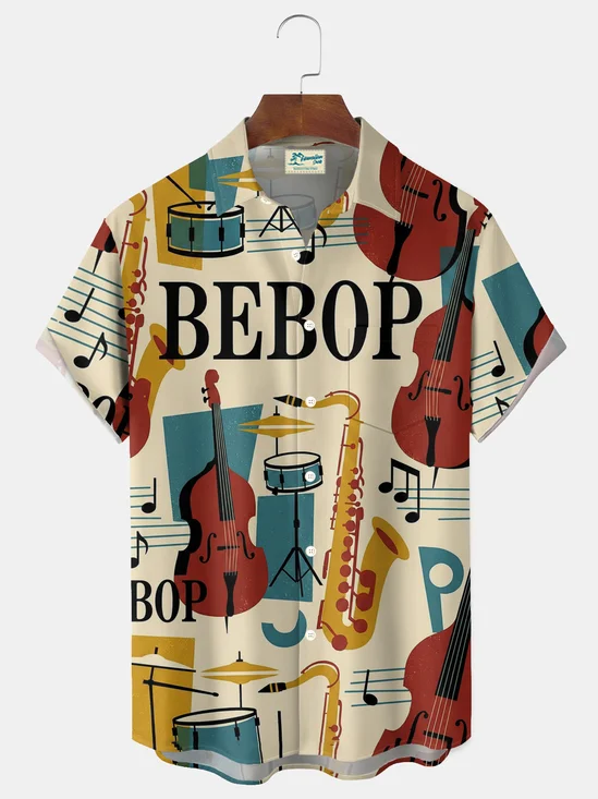 Royaura® Retro Music Print Men's Button Pocket Short-Sleeve Hawaiian Big & Tall