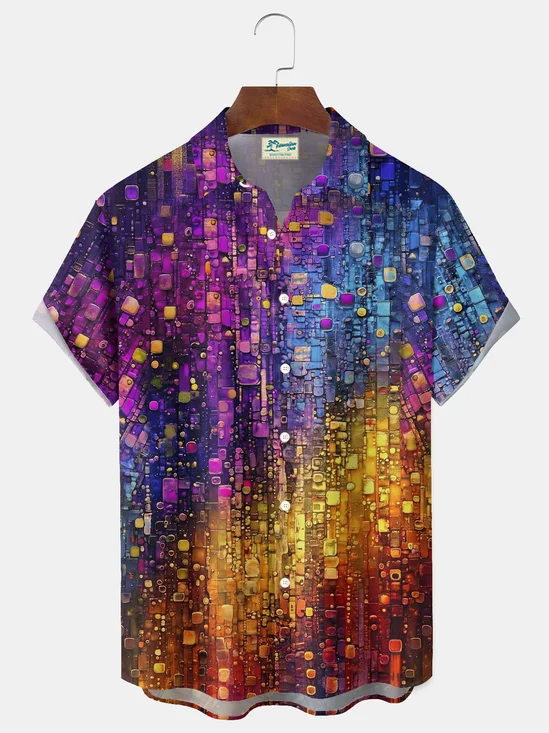 Royaura® Retro Art Gradient Print Men's Button Pocket Short-Sleeve Hawaiian Big & Tall