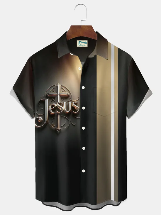 Royaura® Retro Bowling Jesus Gradient Print Men's Button Pocket Short-Sleeve Hawaiian Big & Tall