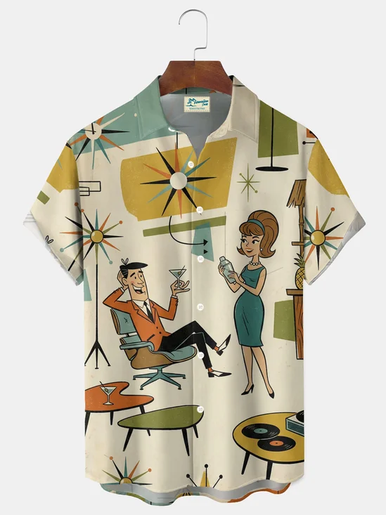 Royaura® Retro Medieval Atomic Geometry Print Men's Button Pocket Short-Sleeve Hawaiian Big & Tall