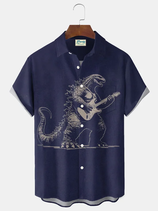 Royaura® Retro Cartoon Music Print Men's Button Pocket Short-Sleeve Shirt Big & Tall