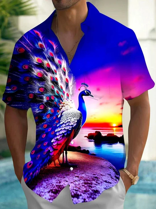 Royaura® Gradient Art Peacock Print Men's Button Pocket Short-Sleeve Hawaiian Big & Tall