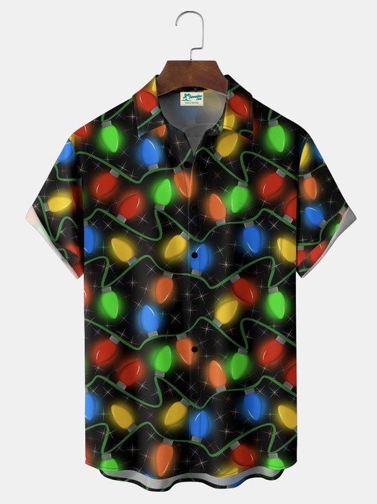 Royaura® Retro Holiday Christmas Multicolor Lights Print Men's Button Pocket Short Sleeve Shirt Big & Tall