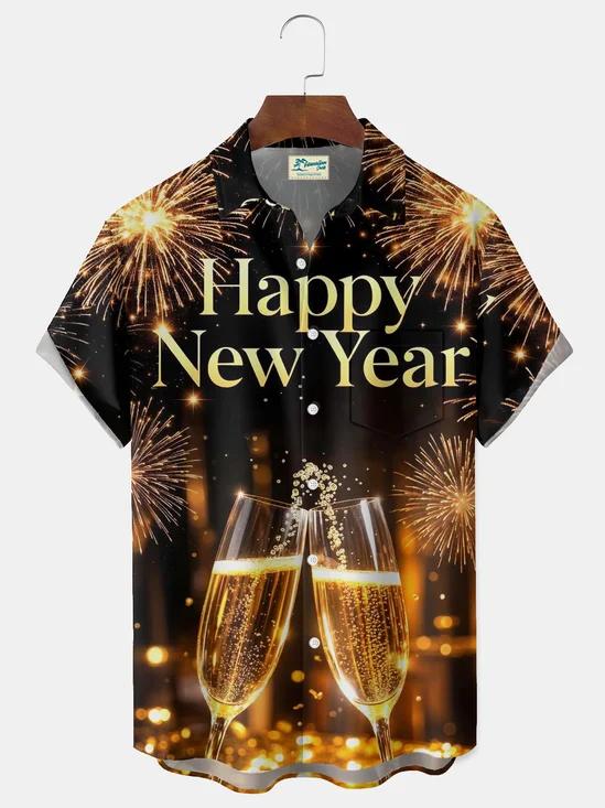 Royaura® Happy New Year Cocktail Print Men's Button Hawaiian Shirt Big & Tall