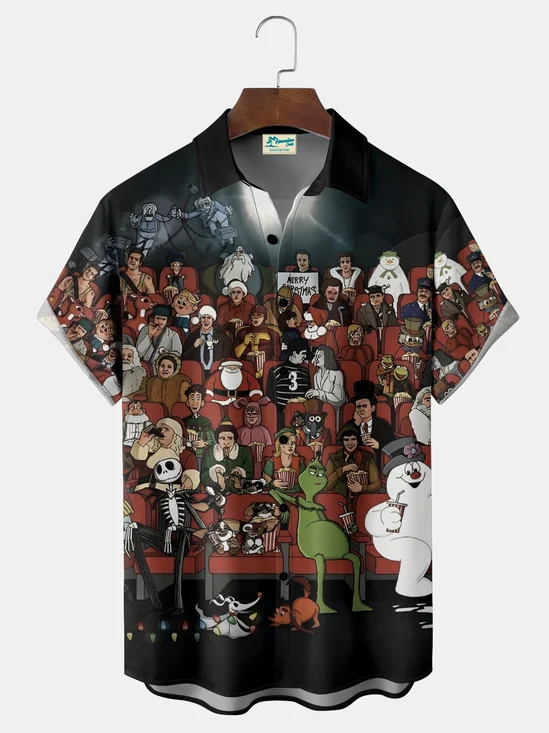 Royaura® Retro Holiday Christmas Cartoon Print Men's Button Pocket Short Sleeve Shirt Big & Tall