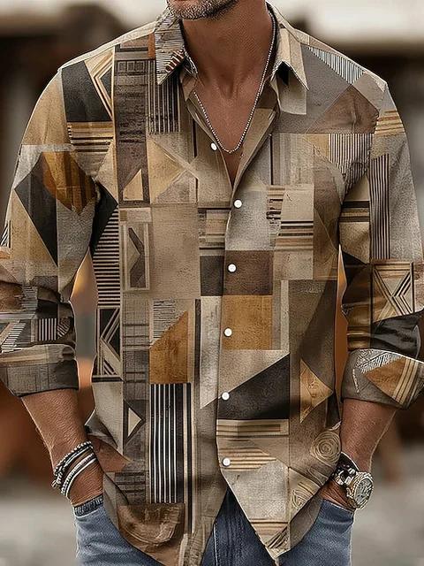 Royaura® Retro Geometric Print Men's Button-Down Long-Sleeve Shirt Big & Tall