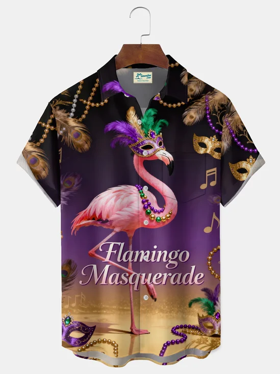 Royaura® Mardi Gras Flamingo Print Men's Button-Down Short-Sleeve Hawaiian Shirt Big & Tall