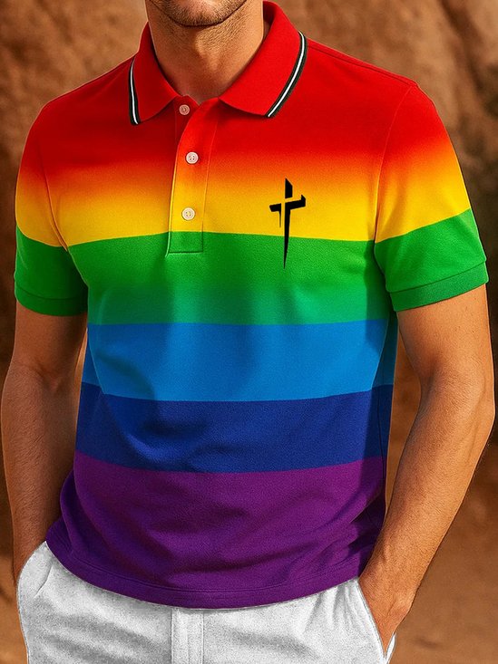 Royaura® Rainbow Cross Print Men's Button-Down Short-Sleeve Polo Shirt Big & Tall
