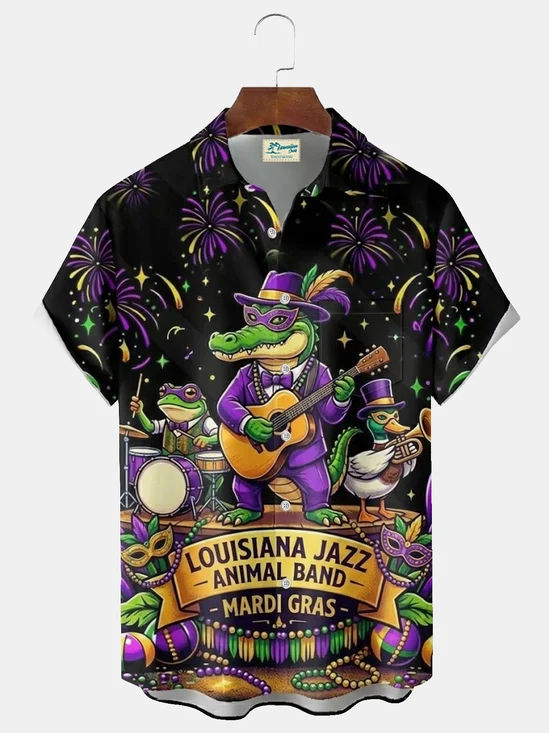 Royaura® Mardi Gras Crocodile Music Print Men's Button-Down Short-Sleeve Hawaiian Shirt Big & Tall
