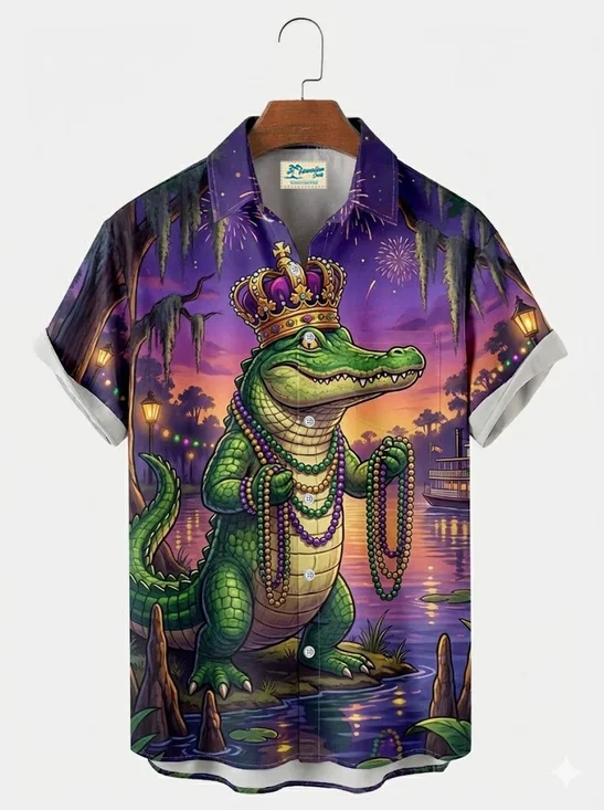 Royaura® Mardi Gras Crocodile Print Men's Button-Down Short-Sleeve Holiday Hawaiian ShirtBig & Tall
