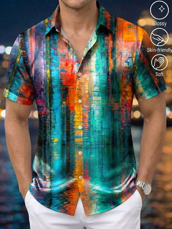 Royaura® Retro Art Print Men's Button-Down Short-Sleeve Hawaiian Shirt Glossy Satin Shirt Big & Tall