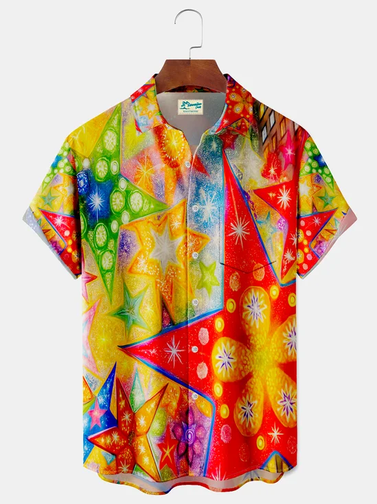 Royaura® Men'sTropic Stars Marine Life Print Retro Short Sleeve Shirt Big & Tall
