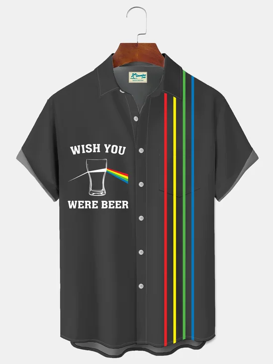 Royaura® Men's Basic Lines Music Wish You Were Beer Print Retro Short Sleeve Shirt Big & Tall