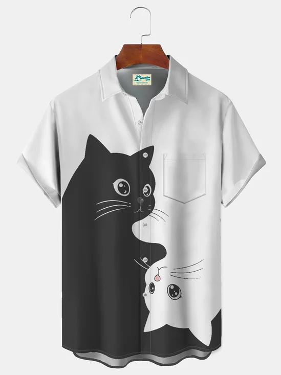 Royaura® Men's Basic Black White Cat Print Retro Short Sleeve Shirt Big & Tall