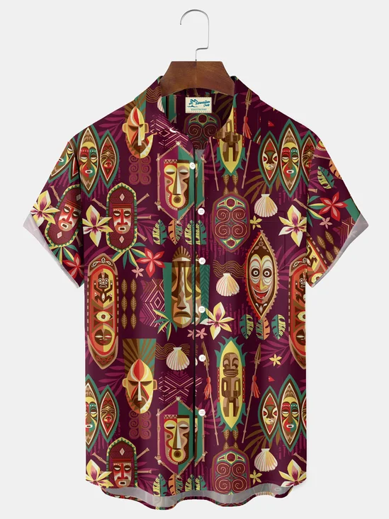 Royaura® Retro Tiki Geometric Print Men's Button-Down Short-Sleeve Hawaiian Shirt Big & Tall