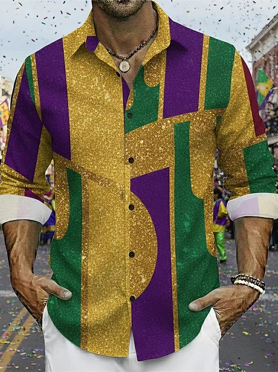 Royaura® Holiday Mardi Gras print men's button-down long-sleeved shirt Big & Tall