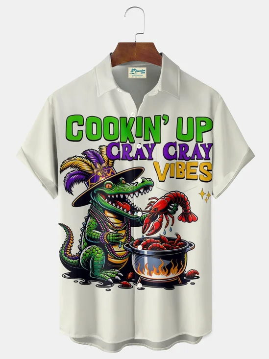 Royaura® Mardi Gras Alligator and Lobster Print Men's Button-Down Holiday Short-Sleeve Shirt Big & Tall