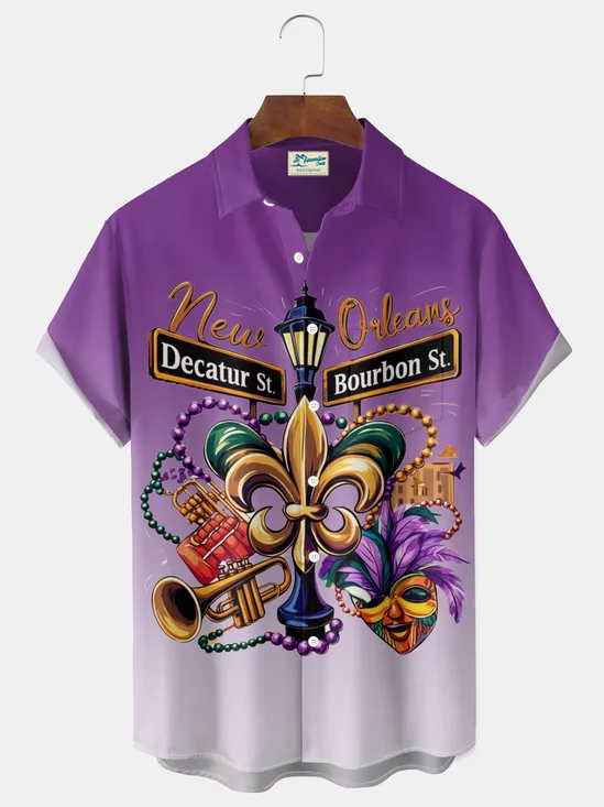 Royaura® Mardi Gras Mask Print Men's Button-Down Holiday Short-Sleeve Shirt Big & Tall