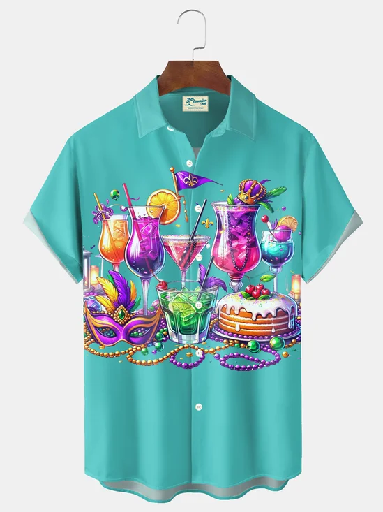Royaura® Mardi Gras Cocktail Print Men's Button-Down Holiday Short-Sleeve Shirt Big & Tall