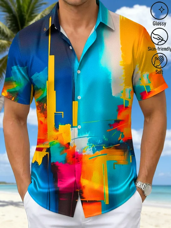 Royaura® Retro Gradient Art Geometric Print Men's Button-Down Short-Sleeve Hawaiian Shirt Big & Tall