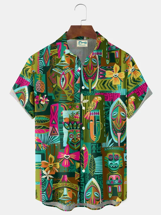 Royaura® Retro Tiki Geometric Print Men's Button-Down Short-Sleeve Hawaiian Shirt Big & Tall