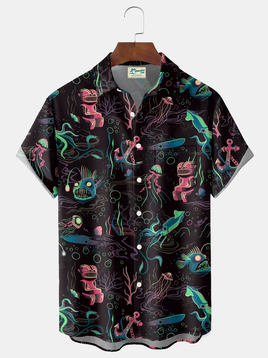 Royaura® Retro Octopus Robot Print Men's Button-Down Short-Sleeve Hawaiian Shirt Big & Tall