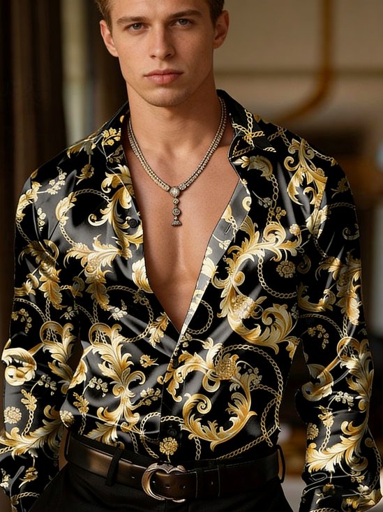 Royaura® Retro Courtly Style Floral Print Men's Button-Down Long-Sleeved Shirt Big & Tall